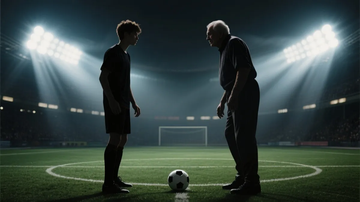年轻与资深足球球员在球场上对峙的剪影，灯光戏剧化