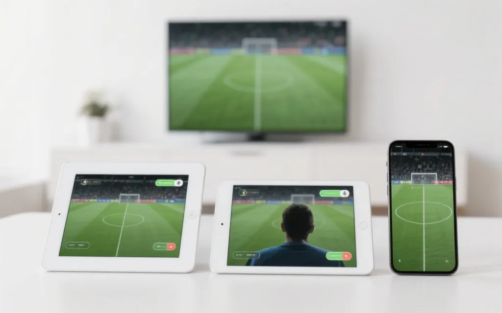 多设备观看足球直播的对比场景：手机、平板、电视屏幕，体现选择平台与体验差异